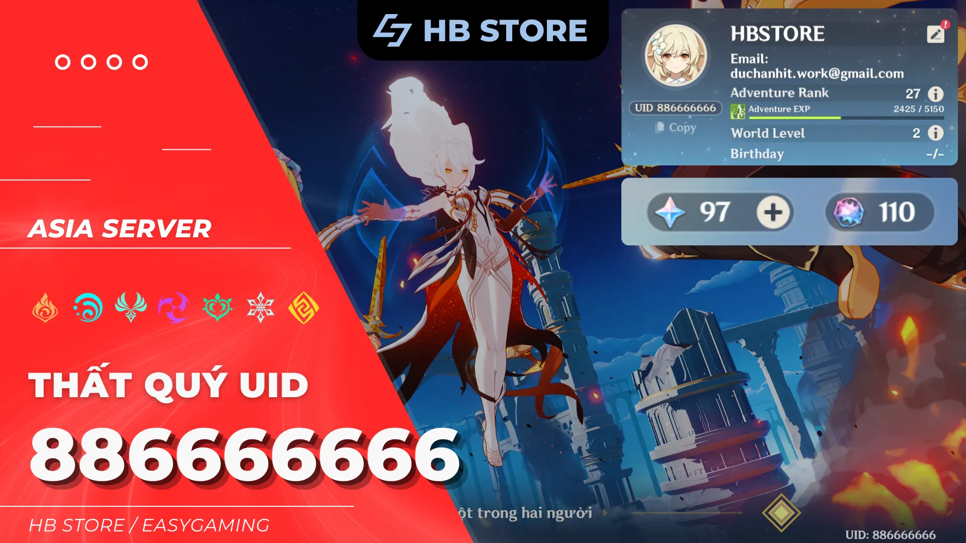 Tài khoản Genshin UID Đẹp – Thất Quý UID – 886666666 – 110 rolls